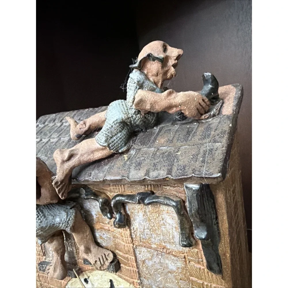 Ceramic Clock Roofers At Work Hand Sculpted by Susan G. Healy Ohio Pottery